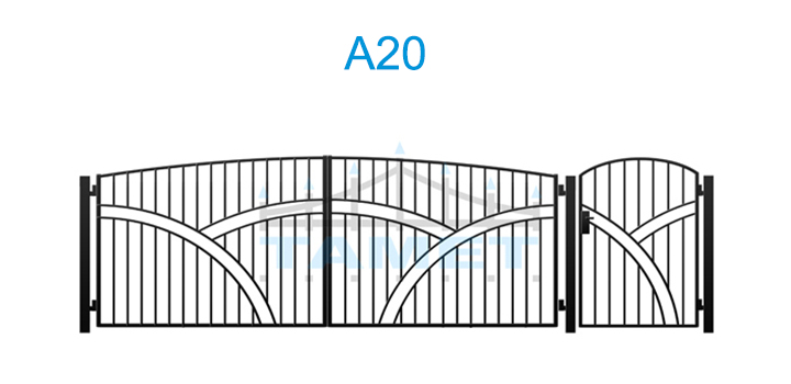 Brama skrzydłowa A20 - Wrota ogrodzeniowe: Szerokość: 4000 mm, Wysokość: 1500/1660 mm,  Furtka ogrodzeniowa: Szerokość: 1000 mm, Wysokość: 1500/1660 mm, Sztachetki: profil (20×20), Rama: profil (40×27), Słupy: profil (100×100).