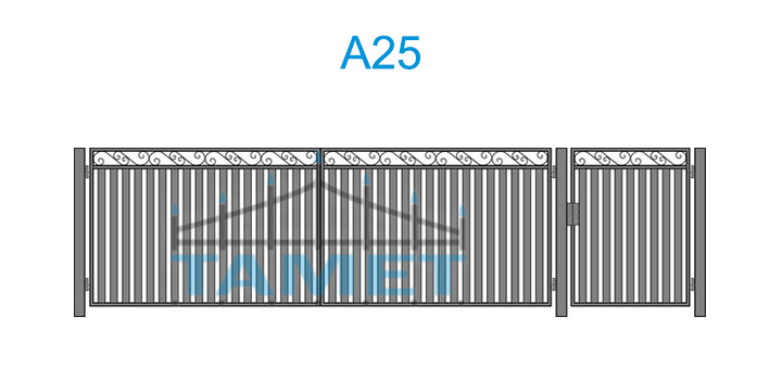 Brama skrzydłowa A25 - Wrota ogrodzeniowe: Szerokość: 4000 mm, Wysokość: 1500 mm,  Furtka ogrodzeniowa: Szerokość: 1000 mm, Wysokość: 1500 mm, Sztachetki: ceownik (70x10), Rama: profil (40x27), Słupy: profil (100×100).