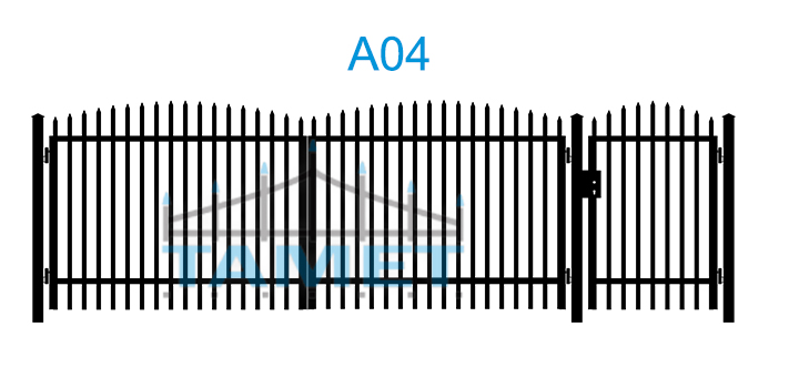 Brama skrzydłowa A04 - Wrota ogrodzeniowe: Szerokość: 4000 mm, Wysokość: 1500/1625 mm,  Furtka ogrodzeniowa: Szerokość: 1000 mm, Wysokość: 1500/1625 mm, Sztachetki: kątownik (25×25), Rama: profil (40×27), Słupy: profil (80×80).